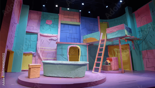 Colorful, whimsical stage set with vibrant, abstract backdrop and unique props