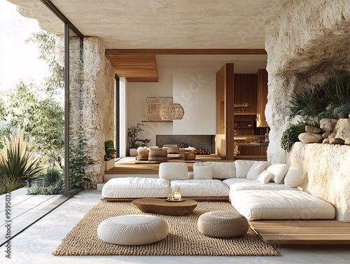 Modern living room featuring cozy furnishings, natural light, and organic elements, creating a serene and inviting atmosphere. photo