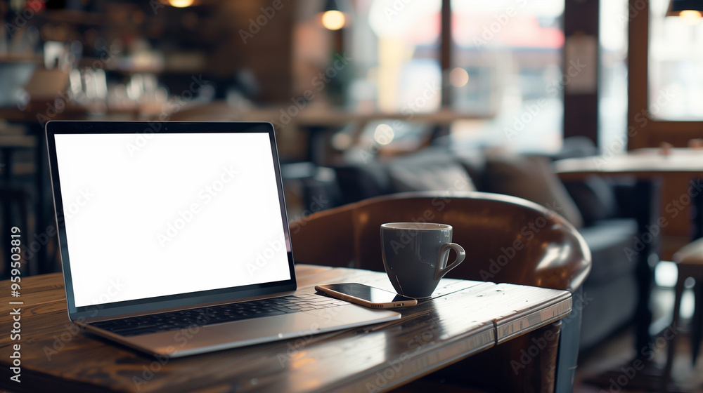 Laptop with Blank Screen and Coffee Cup on Wooden Table in Cozy Café Laptop with Blank Screen and Coffee Cup on Wooden Table in Cozy Café