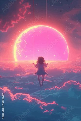 Fantasy Dreamscape: Girl Swinging in the Sky with Pink Sunset