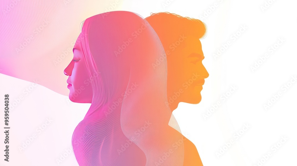 A profile view of a man and woman in a blurry, neon outline, against a white background, signifying a relationship. A profile view of a man and woman in a blurry, neon outline, against a white background, signifying a relationship.