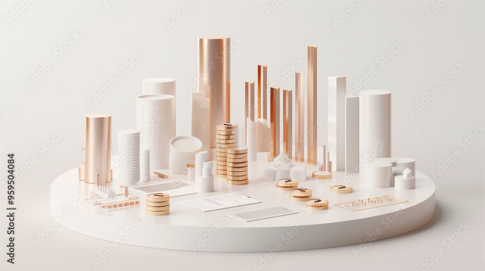 Minimalist White and Gold Cityscape with Abstract Geometric Shapes Minimalist White and Gold Cityscape with Abstract Geometric Shapes