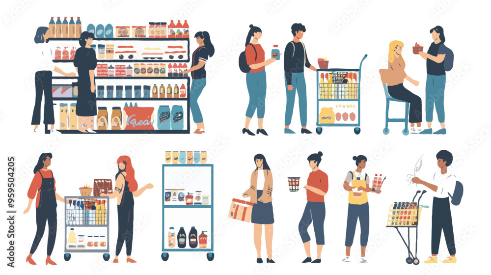 Obraz premium Set of different customers in a grocery store. People make purchases of food and drinks. Routine and household chores concepts. Vector flat illustrations on a white background