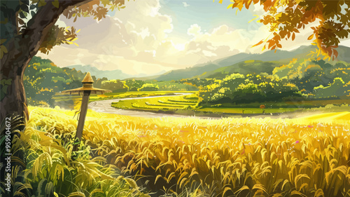 Golden Harvest Field with Sunlit Path