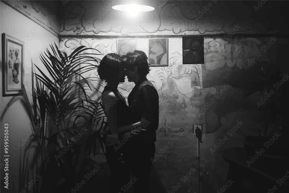 Intimate Moment: A Couple's Embrace in a Dark Room Intimate Moment: A Couple's Embrace in a Dark Room