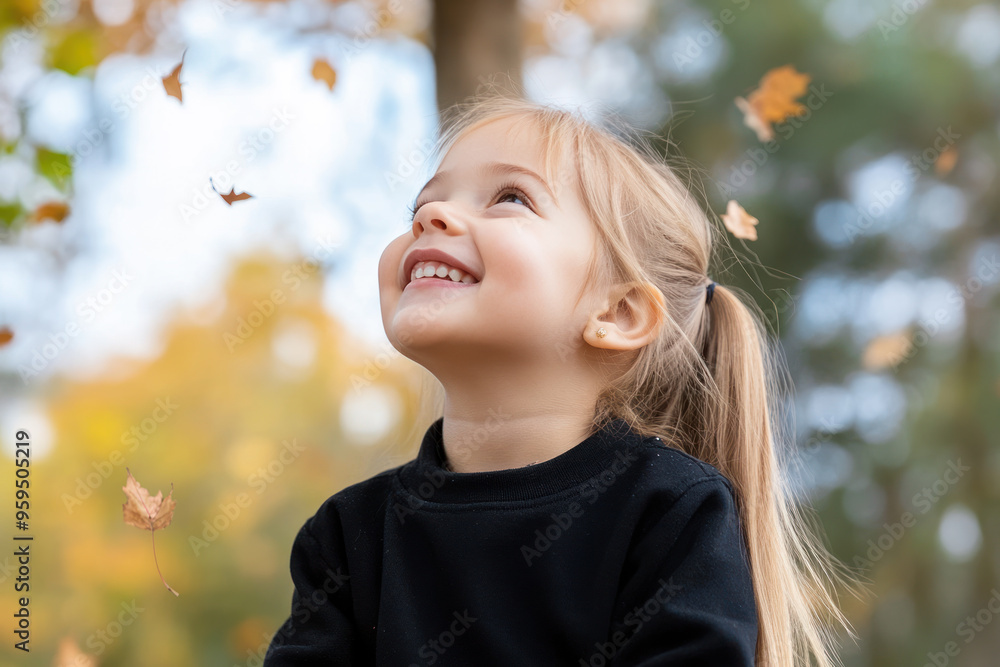 Caucasian little girl smile wearing sweatshirt playing at sunny autumn park Caucasian little girl smile wearing sweatshirt playing at sunny autumn park