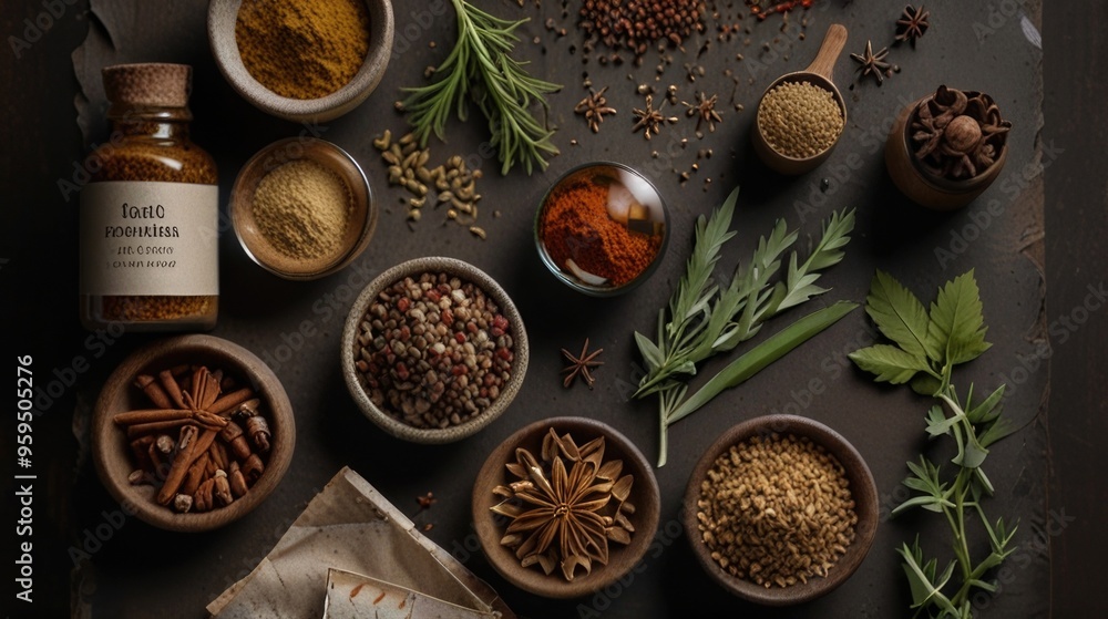 Flat lay herbs and spices Flat lay herbs and spices