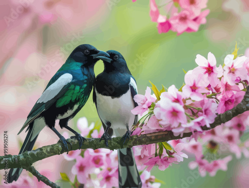Love in Bloom: A Pair of Birds Share a Kiss on a Branch