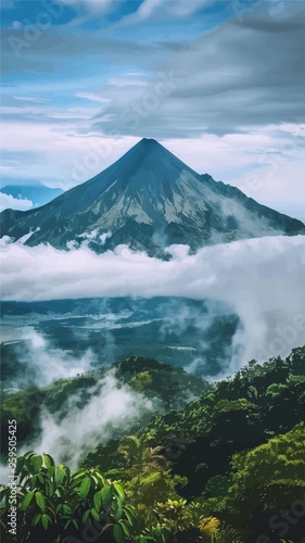 Misty mountain peak with lush greenery and cloudy skies