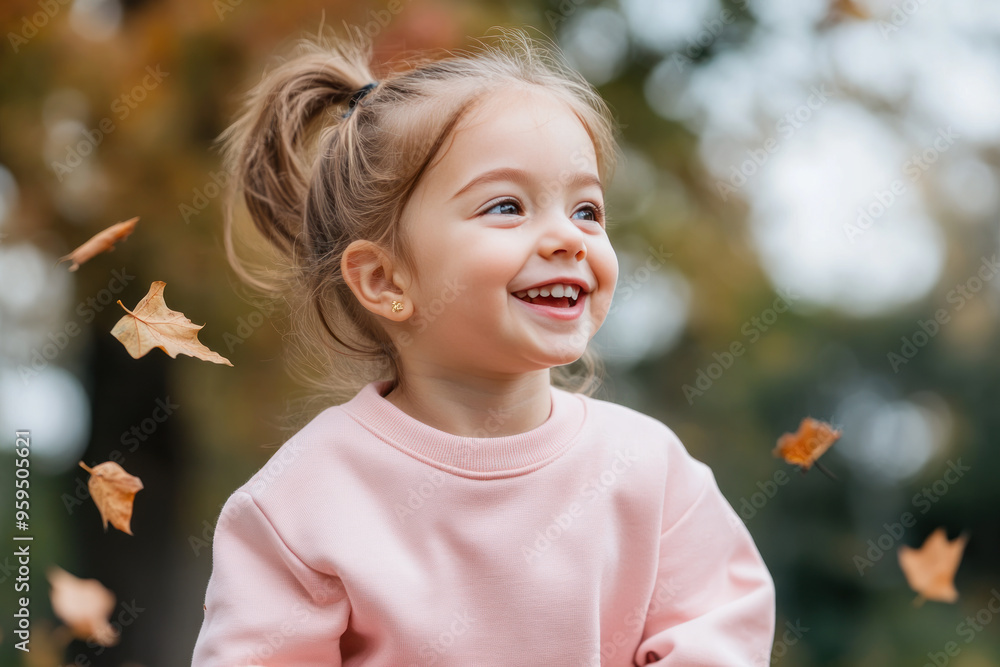 Germany little girl smiling wearing sweatshirt playing at sunny autumn park