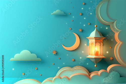 Moonlit Night Illustration with Lamp and Stars
