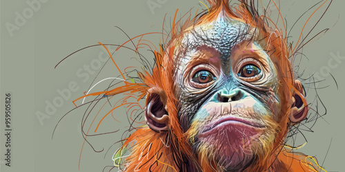Orangutan with vibrant orange hair and striking blue eyes