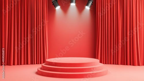 A vibrant red stage with curtains and spotlight, perfect for performances, events, presentations, and showcases.