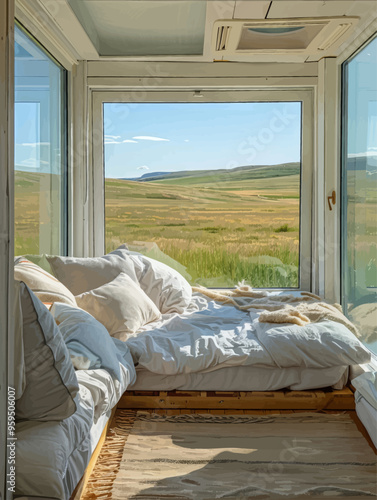 Peaceful Bedroom View of Open Fields and Mountains