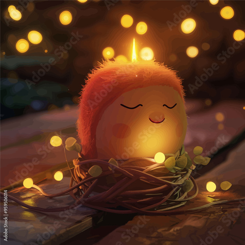 Peaceful Egg Nest with Glowing Candle and Twinkling Stars