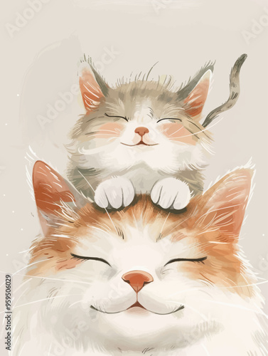 Peaceful Feline Companions: Two Cats Smiling and Resting on Each Other's Backs