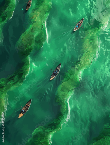 Peaceful Scene of Canoeing on a Lush Green River