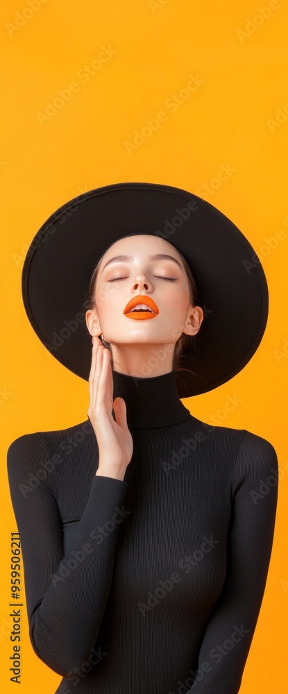A woman in a black dress and a black hat is posing for a photo A woman in a black dress and a black hat is posing for a photo