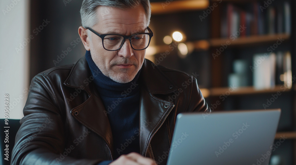 Aged male business professional working on a laptop at an office desk, wearing glasses and a leather jacket 2 Aged male business professional working on a laptop at an office desk, wearing glasses and a leather jacket 2