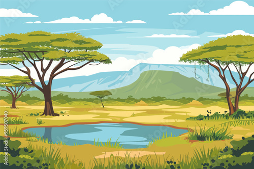 Serene Savannah Scenery with Watering Hole and Mountain View