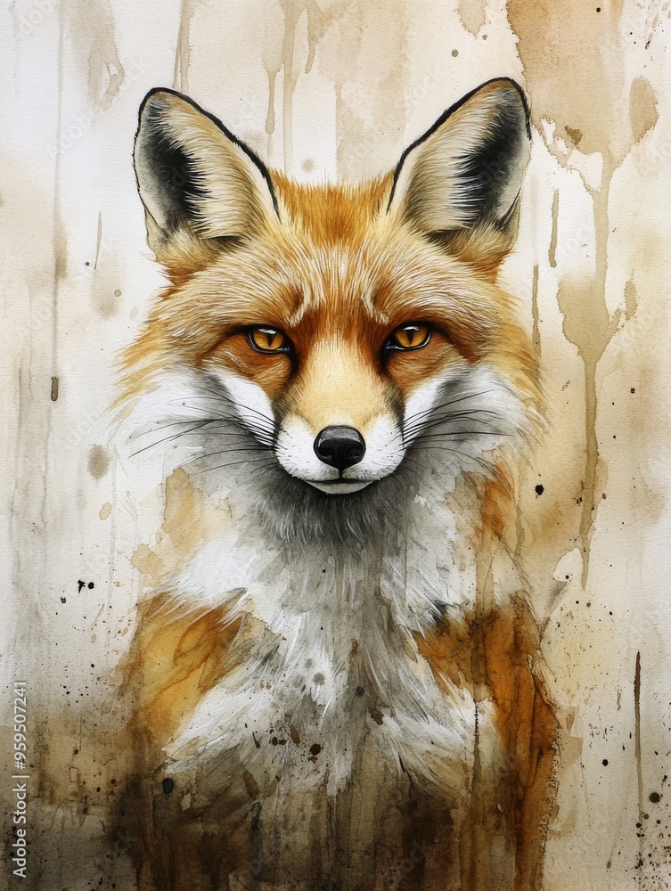 Fototapeta premium Watercolor Painting of Red Fox with Splashes of Color