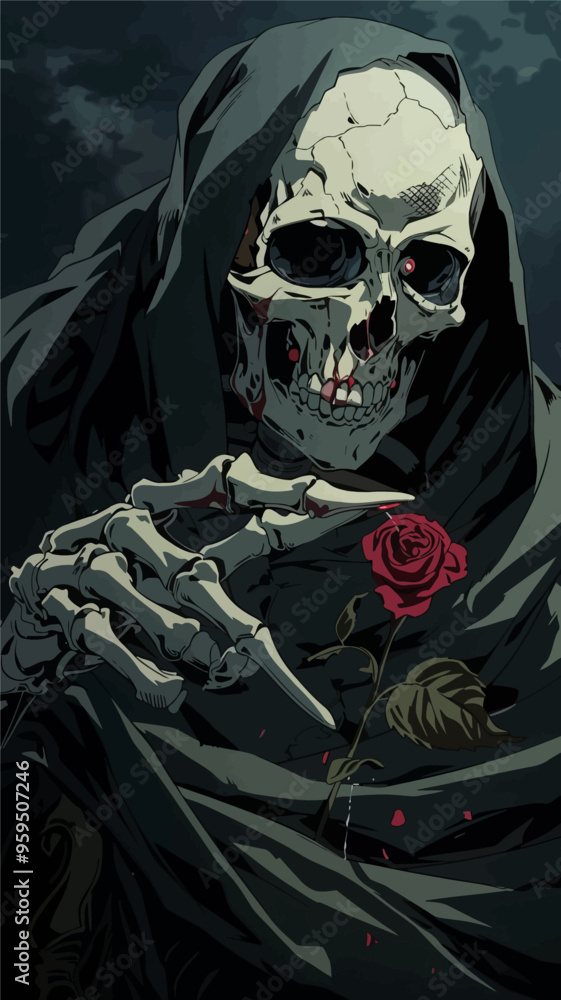 Skeletal figure with rose and rose petals, dark background