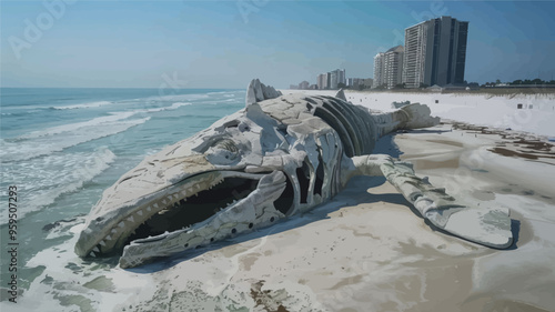 Skeletal remains of a large marine creature washed up on a sandy beach