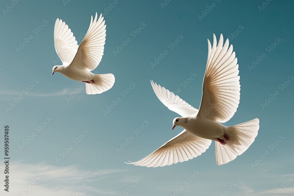 Graceful Doves Soaring in Serene Skies of Peace and Calm Graceful Doves Soaring in Serene Skies of Peace and Calm