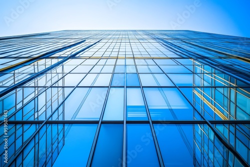 Wallpaper Mural Low angle view of a modern glass building with blue sky reflecting in the windows. Torontodigital.ca