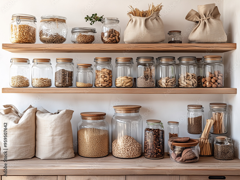 Minimalist zero-waste pantry. Showcase neatly organized glass jars filled with grains, nuts, and spices on wooden shelves. Include cloth bags and bamboo storage containers, with a backdrop of a clean, Minimalist zero-waste pantry. Showcase neatly organized glass jars filled with grains, nuts, and spices on wooden shelves. Include cloth bags and bamboo storage containers, with a backdrop of a clean,