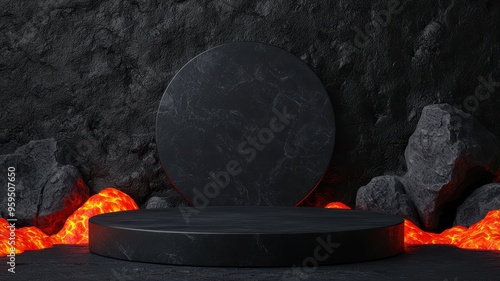 Wallpaper Mural Dark minimalistic backdrop with a circular platform surrounded by glowing lava rocks, ideal for showcasing products or presentations. Torontodigital.ca