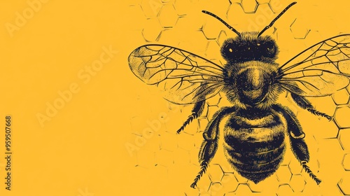 Close up of black and yellow bee farm wallpaper with Copy space background, cute insect animal banner. Ai generated image