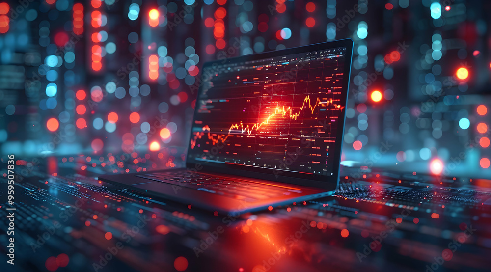 Obraz premium Laptop with a Stock Chart on the Screen, 3D Illustration