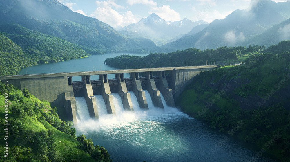 This captivating image depicts a hydroelectric power station set against stunning mountain peaks and a serene lake. Water rushes powerfully through the dam's turbines, generating clean energy. The This captivating image depicts a hydroelectric power station set against stunning mountain peaks and a serene lake. Water rushes powerfully through the dam's turbines, generating clean energy. The