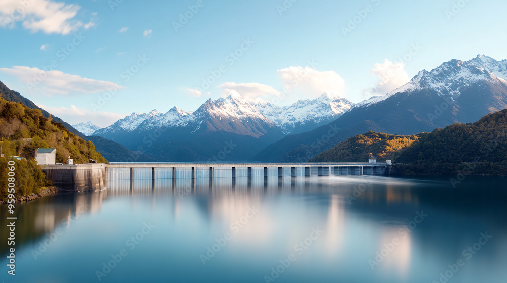 Fototapeta premium A powerful image of a hydroelectric dam set against the backdrop of snow-capped mountains and a calm, reflective lake. Water roars through the turbines, generating clean energy. The lush greenery