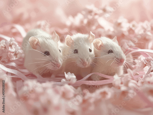 Three white mice with pink accents, sitting together on pink flowers, looking up at the camera, with soft focus background.
