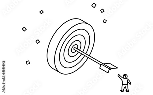 Business goal image, simple line drawing illustration of a person hitting the target, isometric