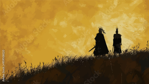 Two figures standing on a hilltop at sunset