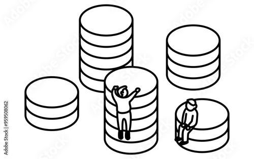 Business goal image, simple line drawing illustration of a coin and a person, isometric