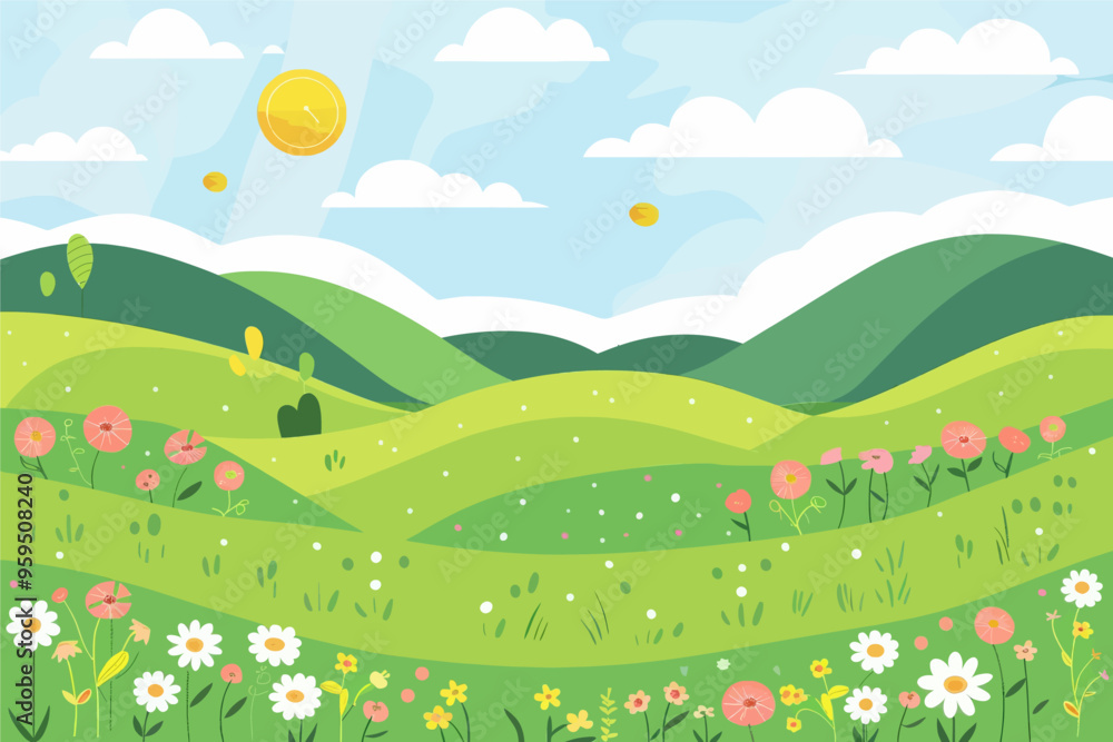 Fototapeta premium Vibrant and lush green hillside with colorful wildflowers and a golden sun