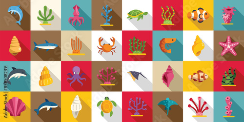 Seabed icons set. Colorful icon set featuring a variety of marine life, including fish, mammals, and plants