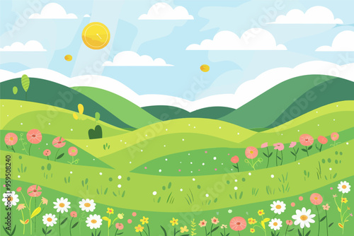 Vibrant and lush green hillside with colorful wildflowers and a golden sun