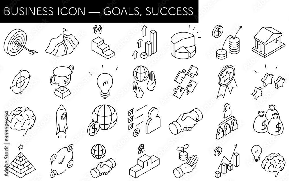Obraz premium Business icon set of target, goal attainment, and goal, isometric illustration