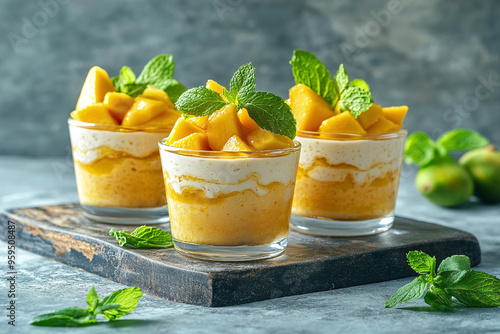 Glass of mango pudding with mint leaves. photo