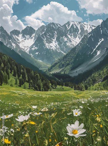 Vibrant meadow with wildflowers and majestic mountain backdrop