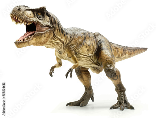 Vintage Dinosaur Toy Model with Open Mouth and Claws, Standing on Two Legs, White Background