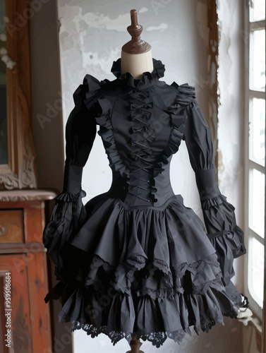 Vintage Mannequin Dressed in Black Ruffled Gown with Ruffles and Lace Accents