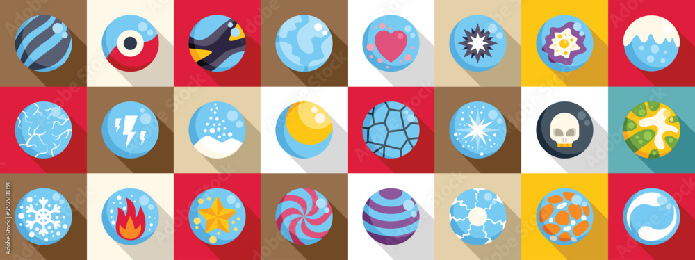 Game orbs icons set. Big set of magic round icons in flat style showing different powers for mobile game design Game orbs icons set. Big set of magic round icons in flat style showing different powers for mobile game design