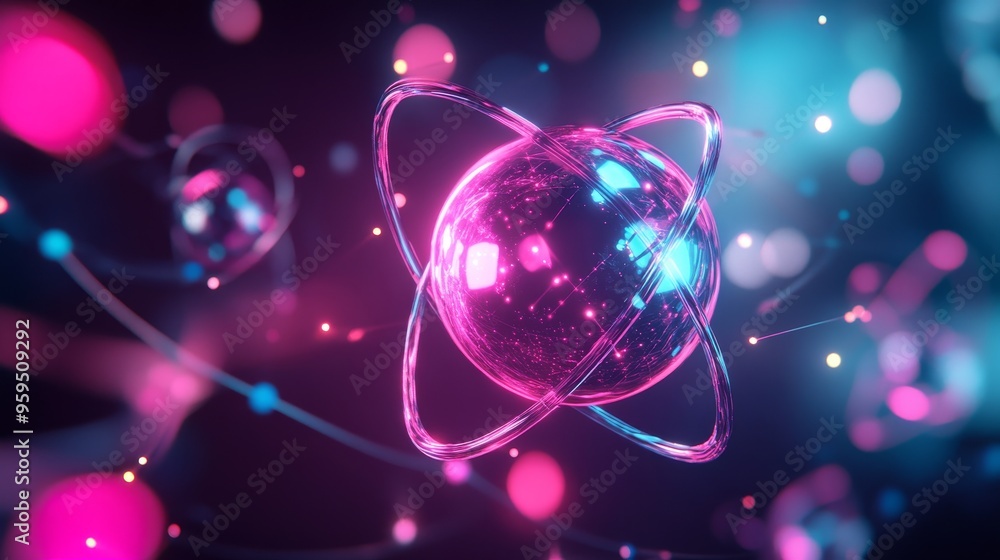 A vibrant and futuristic representation of an atom, showcasing dynamic colors and energy in a captivating digital art style. A vibrant and futuristic representation of an atom, showcasing dynamic colors and energy in a captivating digital art style.