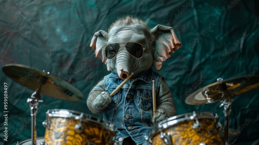 A cool elephant in a denim vest and sunglasses, playing the drums against a deep green backdrop A cool elephant in a denim vest and sunglasses, playing the drums against a deep green backdrop